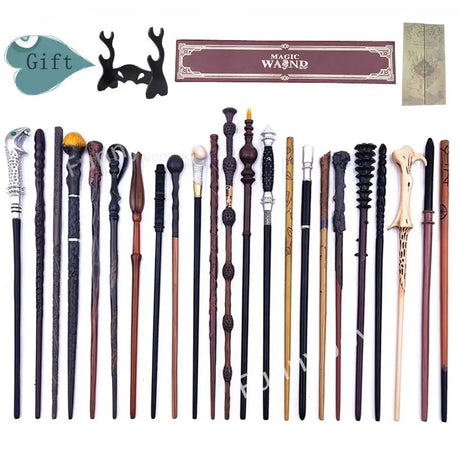 Collection of various magic wands with a 'Magic Wand' sign and gift box in the background.