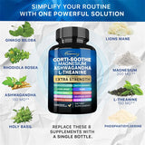 Supplement bottle labeled 'Corti-Soothe' with ingredients and benefits on a white background