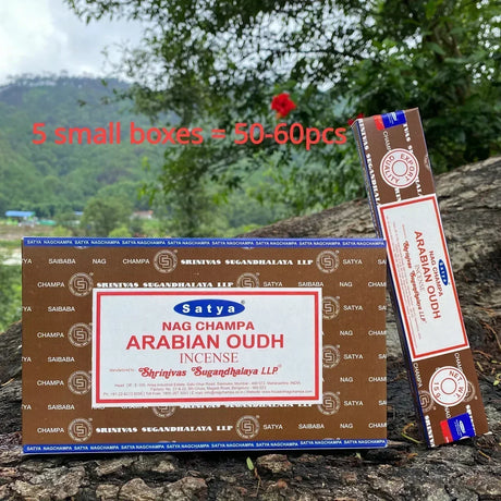 Satya Nag Champa Arabian Oudh incense packaging with a scenic background