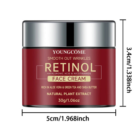 Red face cream jar with silver lid labeled 'YOUNGCOME Retinol Face Cream' on a white background.