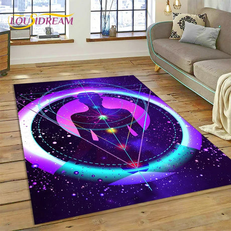 Decorative rug with a galaxy design in a living room setting