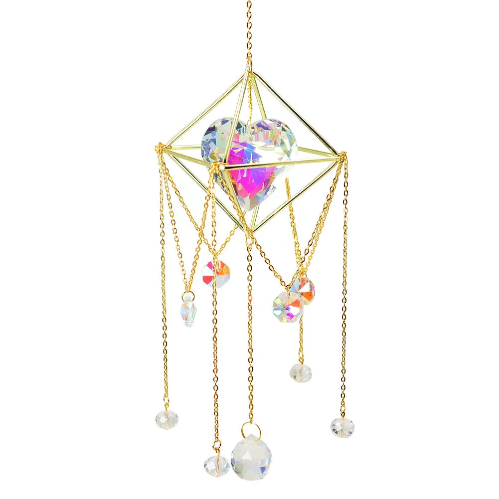 Decorative hanging crystal with gold frame and colorful beads on a white background
