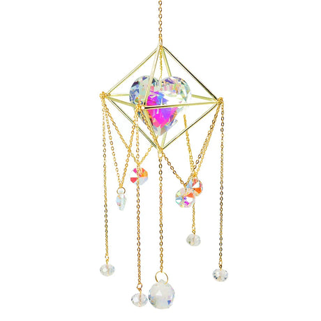 Decorative hanging crystal with gold frame and colorful beads on a white background