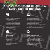 Advertisement highlighting a company's commitment to quality and health with text and icons on a dark background.