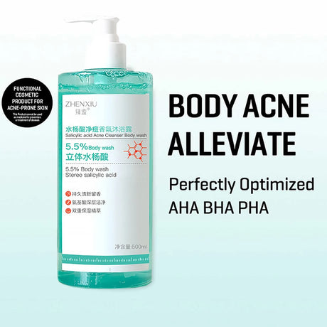 Bottle of Zhenxiu body wash with text on a light blue background