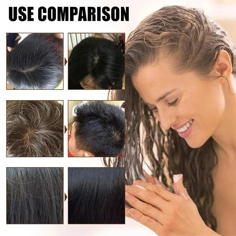 Woman with wet hair and before-and-after hair comparison images.