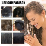Woman with wet hair and before-and-after hair comparison images.