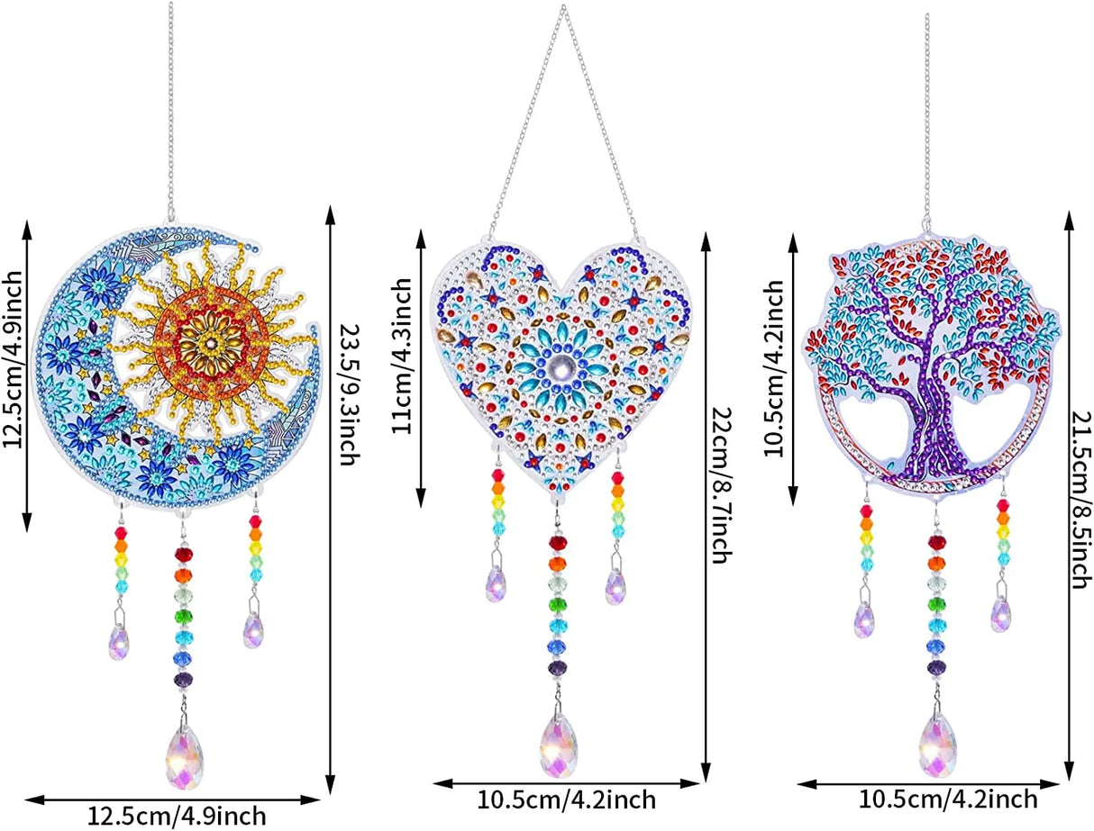 Three colorful decorative wall hangings with measurements on a white background