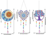 Three colorful decorative wall hangings with measurements on a white background