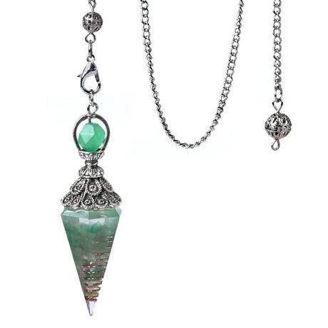 Necklace with a green pendant and silver chain on a white background