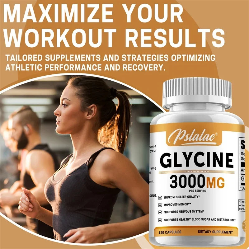 Supplement bottle labeled 'Glycine 3000MG' with a woman exercising in the background.