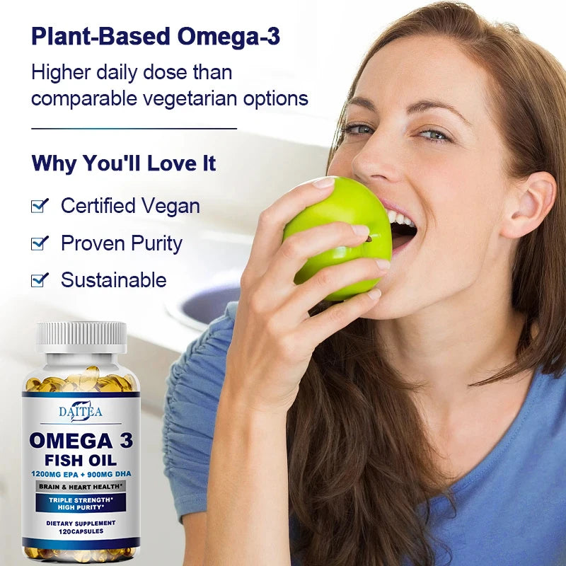 Woman eating an apple with a bottle of Omega-3 fish oil supplement in the foreground, set against a white background.