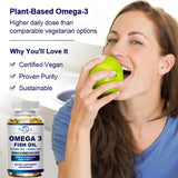 Woman eating an apple with a bottle of Omega-3 fish oil supplement in the foreground, set against a white background.