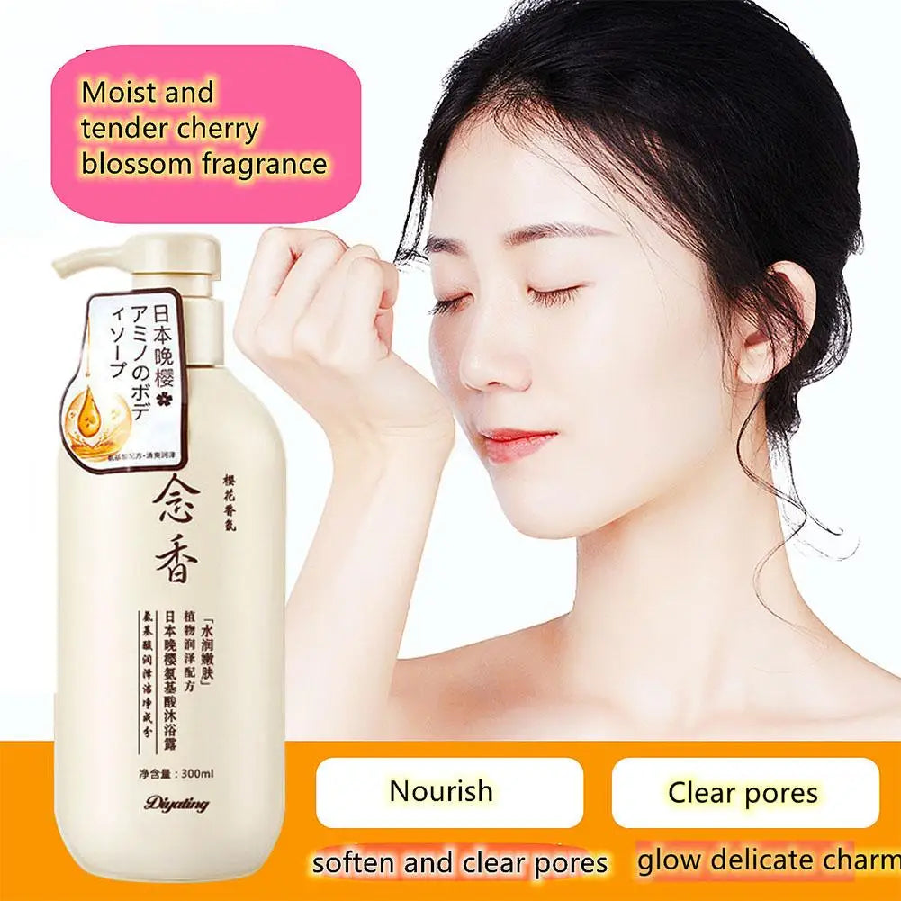 Woman with cherry blossom fragrance and a bottle of skincare product on a white background