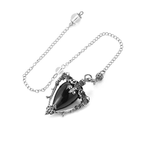 Necklace with a black teardrop pendant on a white background