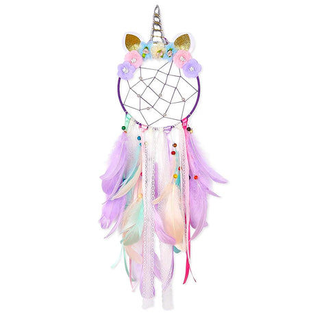 Colorful dreamcatcher with feathers and unicorn horn on a white background