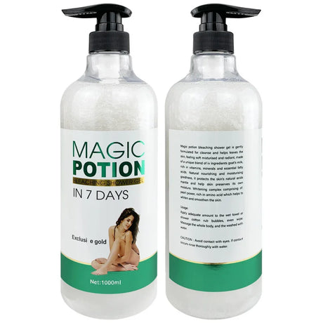 Two bottles of 'Magic Potion' with labels on a white background
