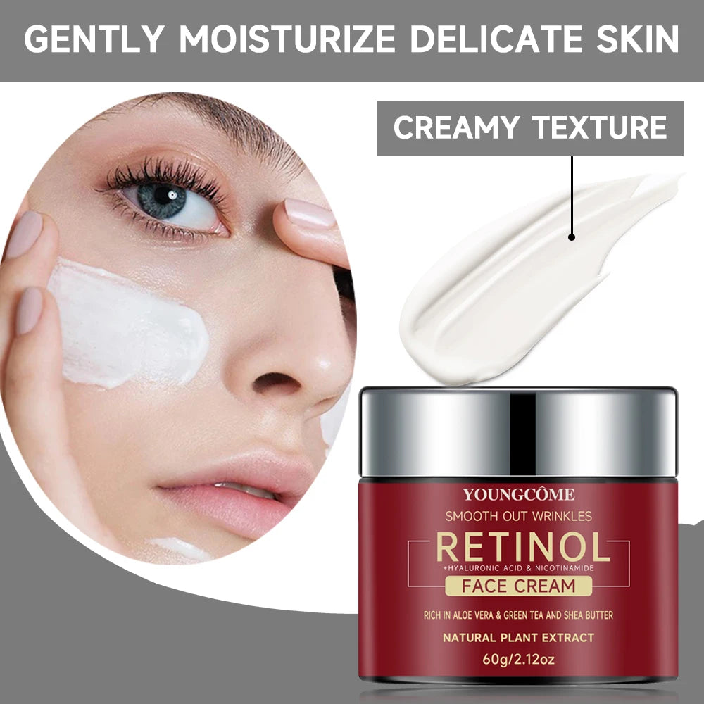 Youngcome Retinol Face Cream with a close-up of a woman applying cream to her face.