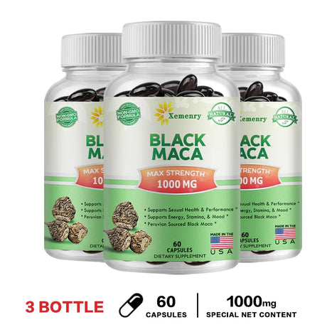Three bottles of Xemenry Black Maca supplements on a white background