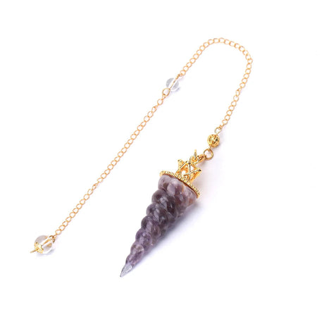 Necklace with a purple stone pendant and gold chain on a white background