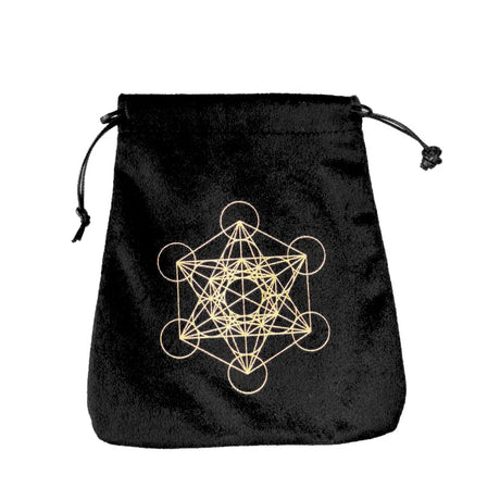 Black drawstring bag with gold geometric design on a white background
