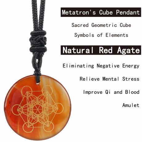 Red agate pendant with Metatron's Cube design on a black cord, against a white background.