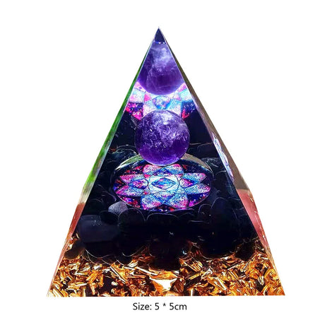 Triangular crystal pyramid with purple spheres and colorful interior on a white background