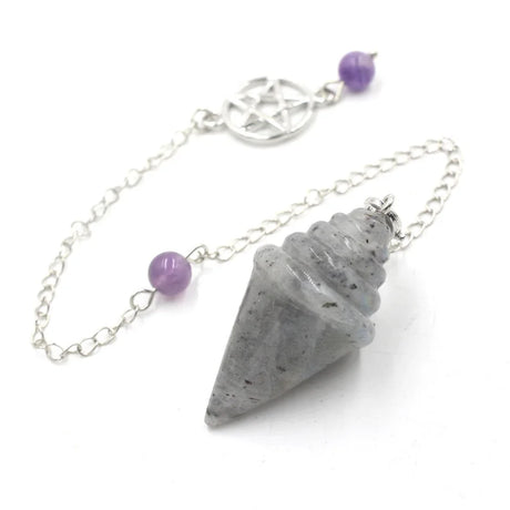 Gray stone pendulum with purple beads on a silver chain against a white background