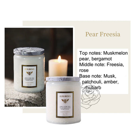 Two candles with labels and a description of their fragrance profile on a white background.