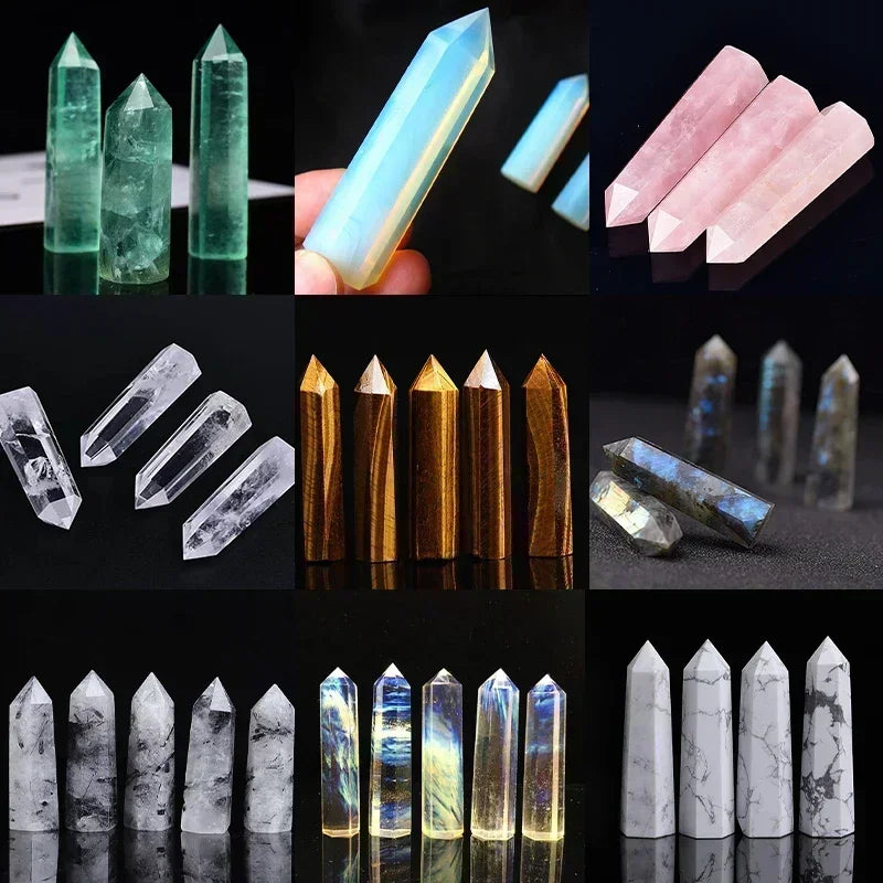Collage of various crystal and crystal-like objects on a reflective surface with a dark background.