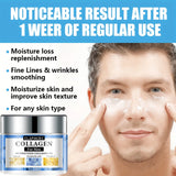 Man applying cream to his face with CLAFACE COLLAGEN FOR MEN jar, text about product benefits.