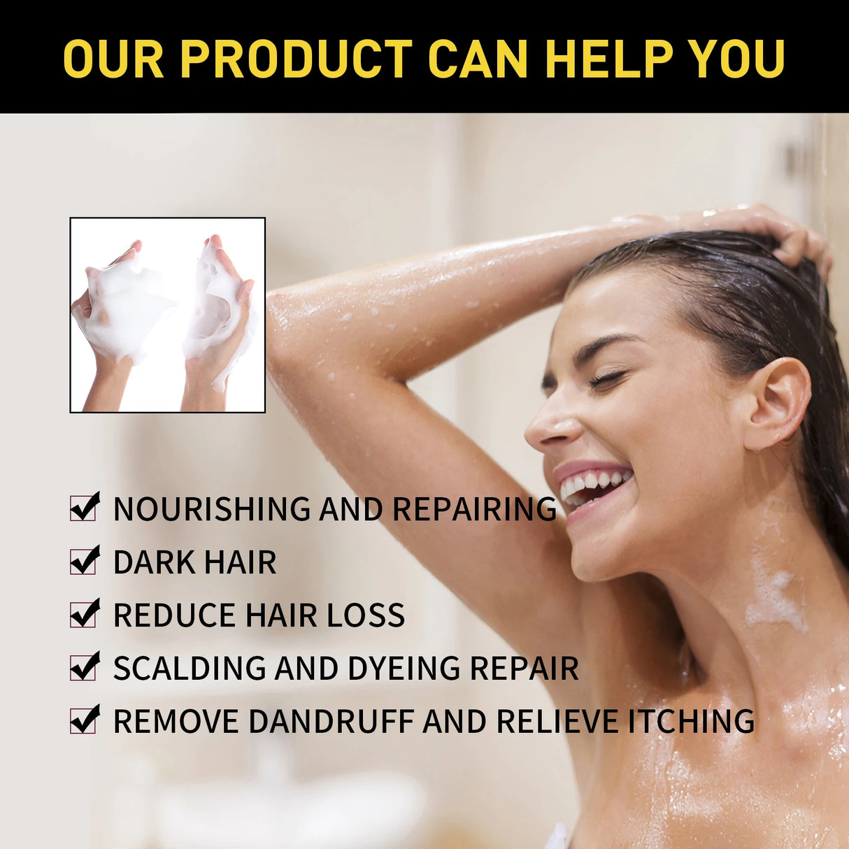 Woman washing hair with a focus on product benefits listed below.
