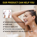 Woman washing hair with a focus on product benefits listed below.