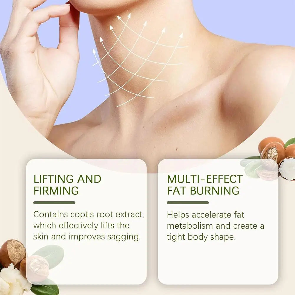 Advertisement for skincare product with text on lifting, firming, and fat burning effects.