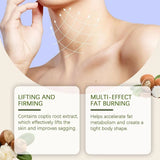 Advertisement for skincare product with text on lifting, firming, and fat burning effects.