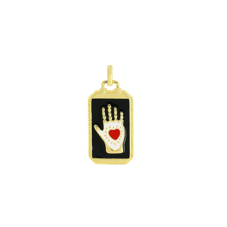Gold pendant with a black background featuring a hand with a red heart design on a white background.