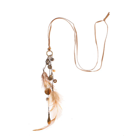 Necklace with feathers and beads on a white background