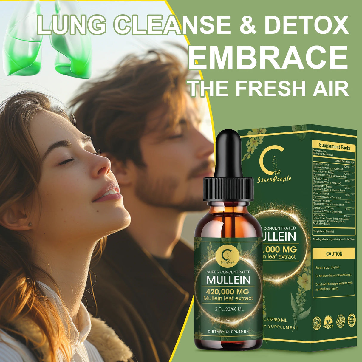 Supplement bottle with packaging and text about lung cleanse and detox on a green background