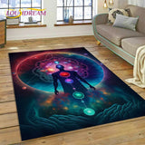 Colorful rug with abstract design on a wooden floor in a living room.