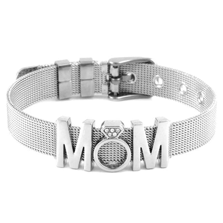 Silver bracelet with 'MOM' letters and a ring symbol on a white background