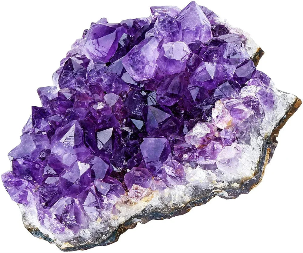 Amethyst crystal cluster on a white background
