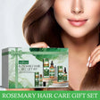 Rosemary hair care gift set with a woman's face and hair in the background