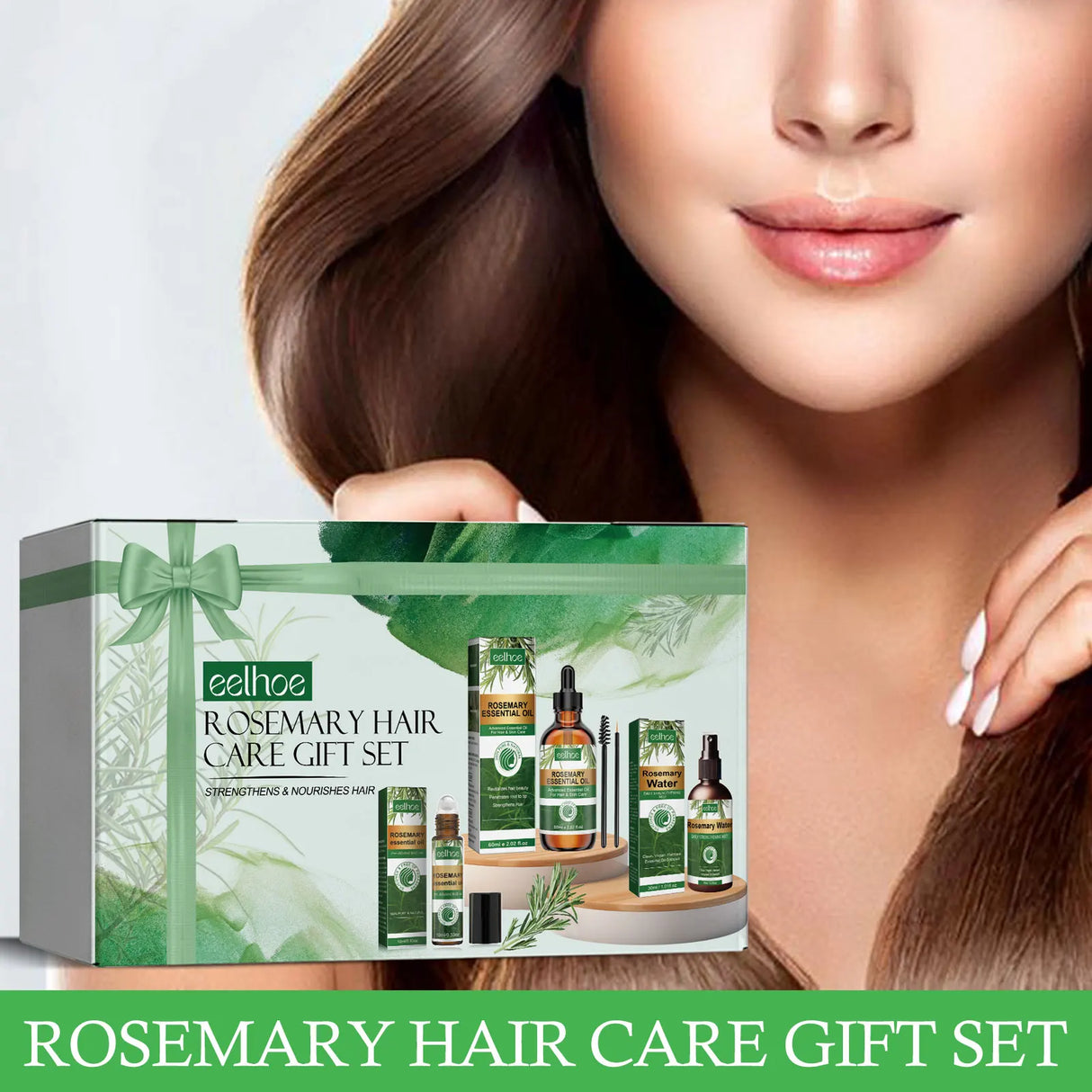 Rosemary hair care gift set with a woman's face and hair in the background