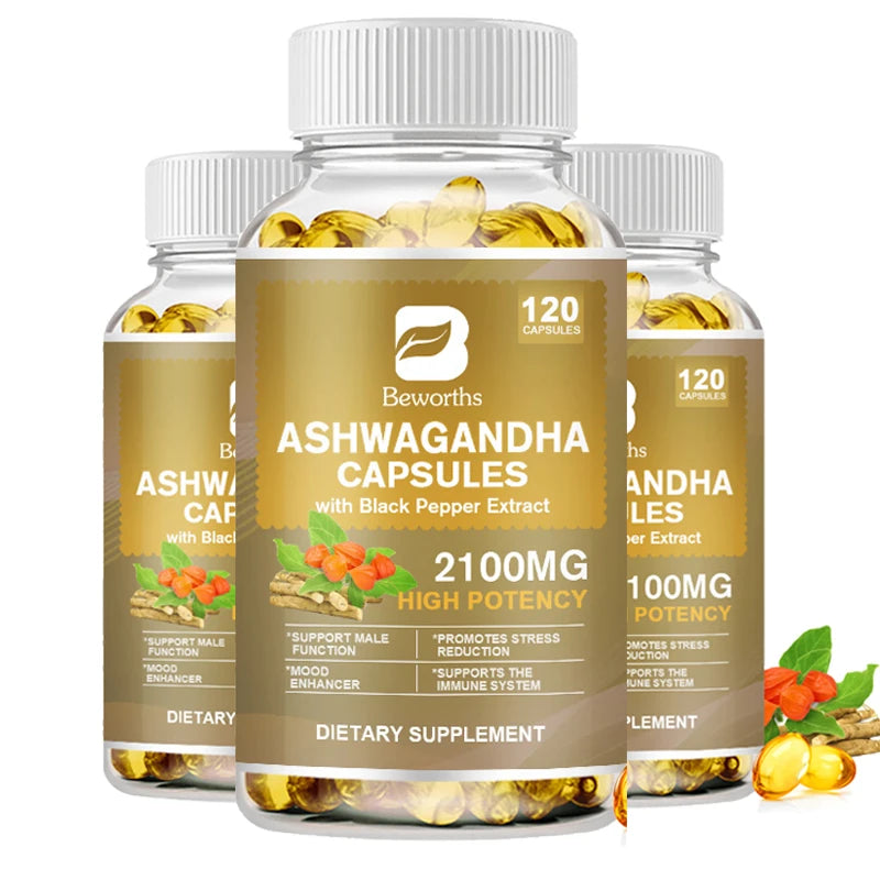 Beworth's Ashwagandha capsules with black pepper extract on a white background
