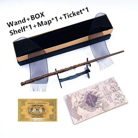 Harry Potter-themed wand set with box, shelf, map, and ticket on a white background