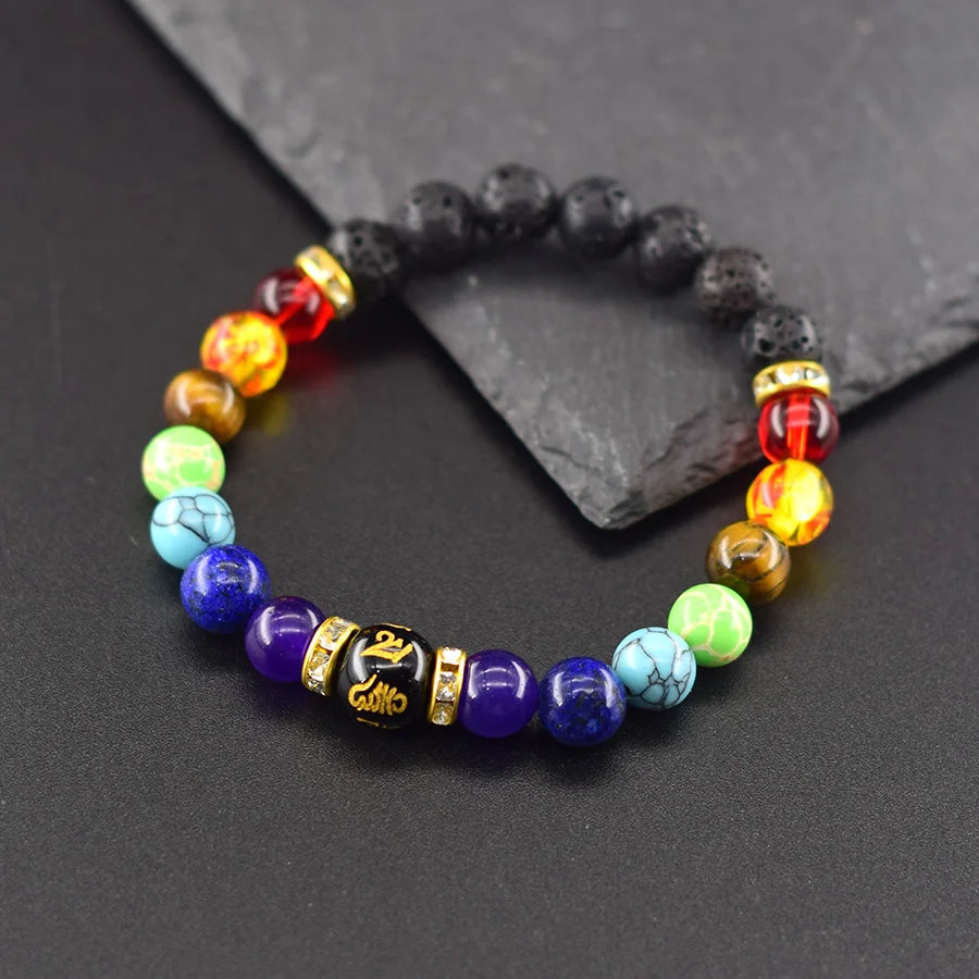 Multicolored beaded bracelet on a dark surface