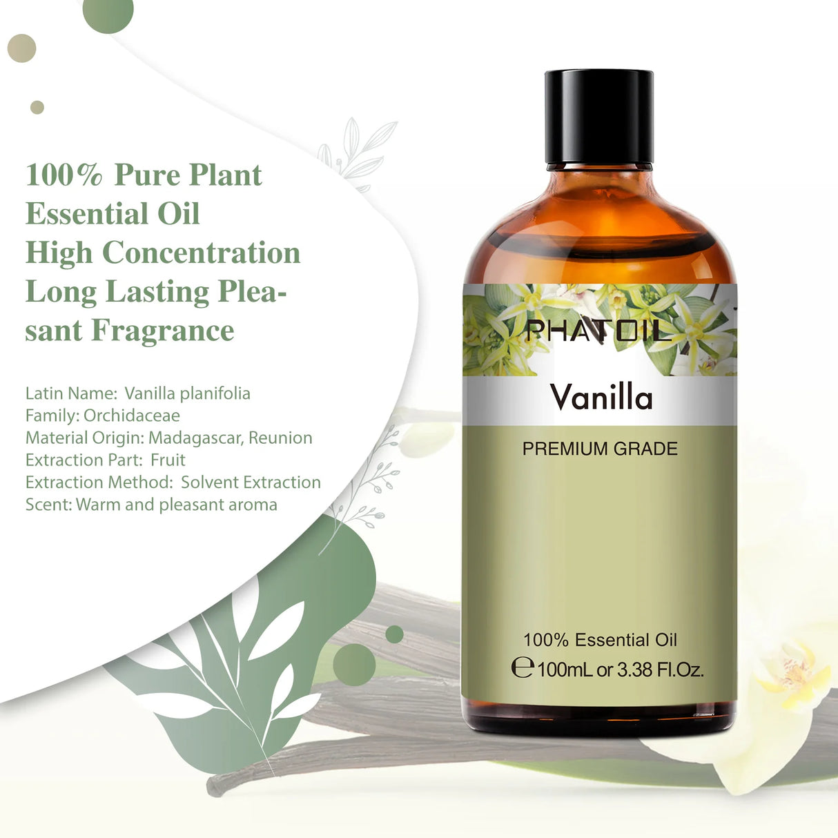 Vanilla essential oil bottle with label on a white background