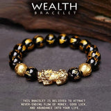 Black and gold wealth bracelet with a text description on a dark background