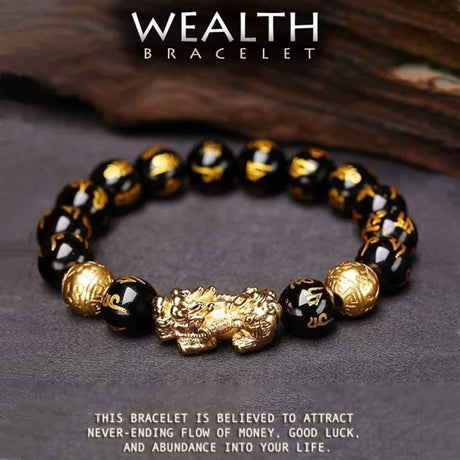 Black and gold wealth bracelet with a text description on a dark background