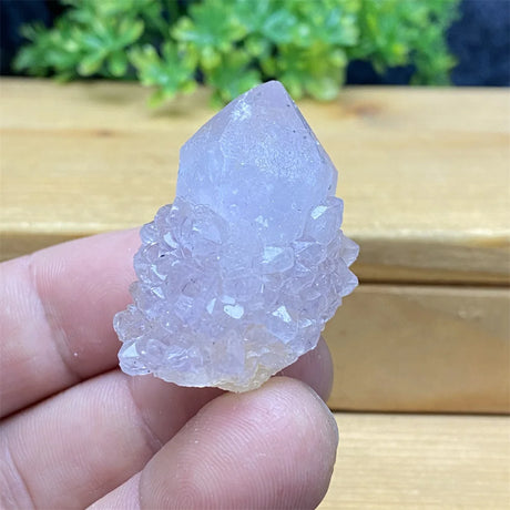 Hand holding a purple crystal against a wooden background